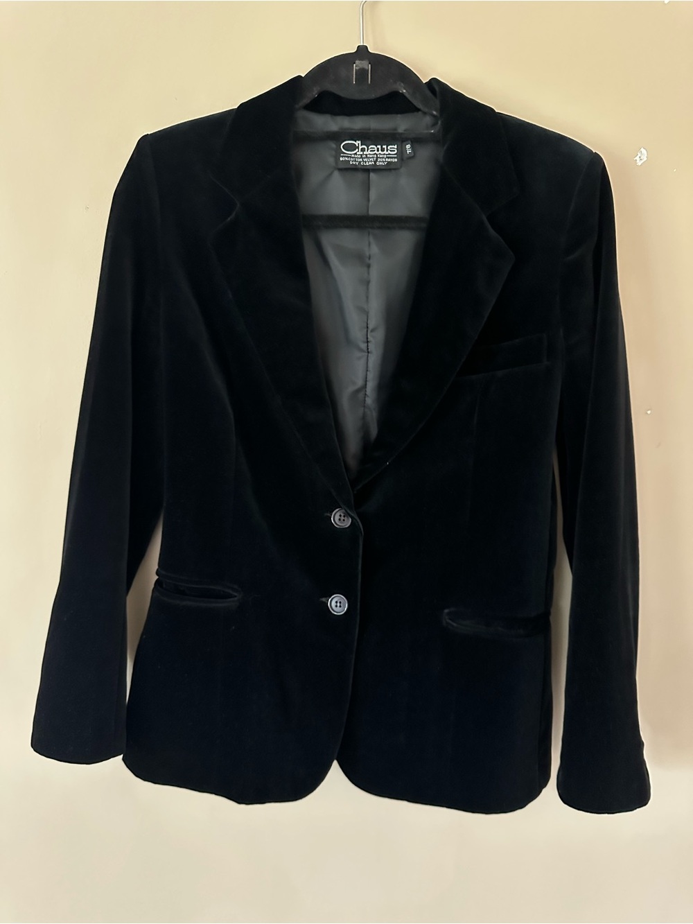 Vintage Chaus Black Velvet Blazer 80% Cotton Rayon Tuxedo Jacket Size S